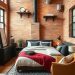 Chic urban loft guest bedroom with exposed brick walls, modern furniture, and cozy bedding.