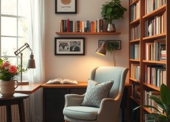A cozy reading corner office featuring a comfortable chair, bookshelves, and natural light.