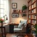 A cozy reading corner office featuring a comfortable chair, bookshelves, and natural light.