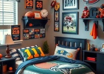 A boys bedroom decorated with sports memorabilia, featuring team colors and a cozy bed with sports-themed bedding.