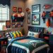 A boys bedroom decorated with sports memorabilia, featuring team colors and a cozy bed with sports-themed bedding.