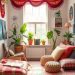 A cozy bohemian bedroom with vibrant textiles, plants, and a large window.