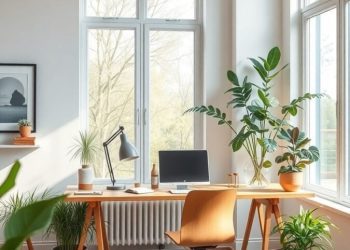 A modern home office with large windows, plants, and a wooden desk