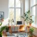 A modern home office with large windows, plants, and a wooden desk
