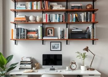 A modern home office with open shelving filled with books and decor above a clean desk with a computer.