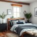 A rustic black and white bedroom featuring wooden beams, a cozy bed with black and white pillows, and natural light from a window.