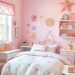 A pastel-themed bedroom with pink walls, floral bedding, and playful decor.