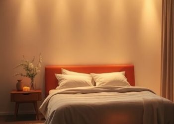 A cozy bedroom with soft lighting, a comfortable bed, candles, and a warm atmosphere.