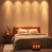 A cozy bedroom with soft lighting, a comfortable bed, candles, and a warm atmosphere.