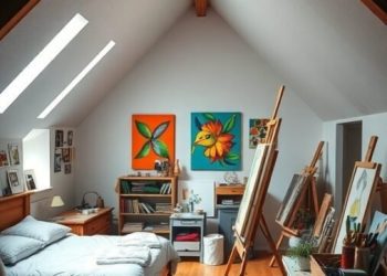 An artistic attic bedroom featuring a bed, colorful wall art, easels, and natural light from skylights.