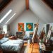An artistic attic bedroom featuring a bed, colorful wall art, easels, and natural light from skylights.