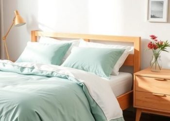 A cozy bedroom featuring mint green bedding, wooden furniture, and a natural rug.