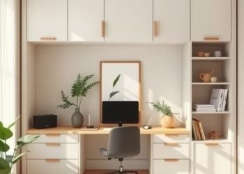 A modern office space with a desk, chair, and plants, featuring a Murphy bed that blends functionality and tranquility.
