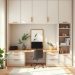 A modern office space with a desk, chair, and plants, featuring a Murphy bed that blends functionality and tranquility.