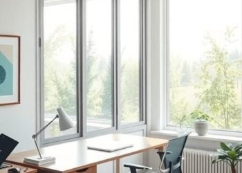 A minimalist home office with large windows, a simple desk, and a comfortable chair, filled with natural light.