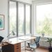A minimalist home office with large windows, a simple desk, and a comfortable chair, filled with natural light.