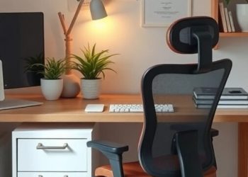 A cozy desk setup featuring an ergonomic chair and a stylish desk with plants and decor.
