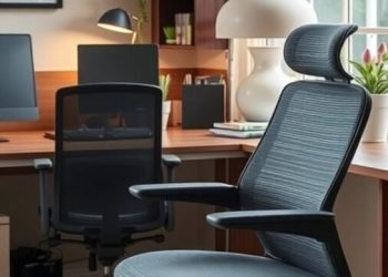 Two ergonomic office chairs in a stylish home office setting