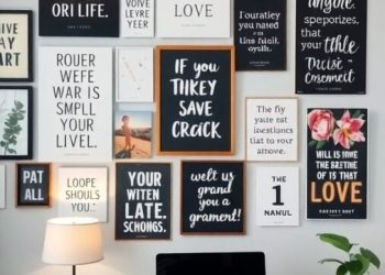 A home office wall decorated with motivational quotes and affirmations in various frames.