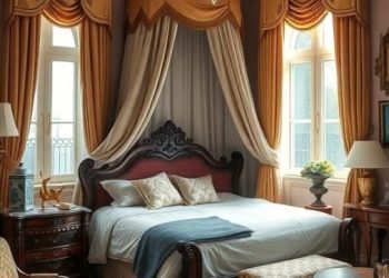 A classic elegant bedroom featuring a grand bed with a canopy, warm curtains, and ornate furniture.
