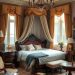 A classic elegant bedroom featuring a grand bed with a canopy, warm curtains, and ornate furniture.