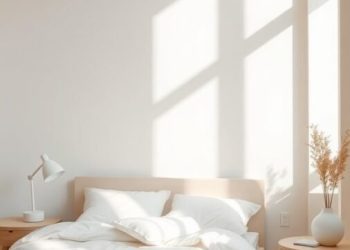 A minimal bedroom with neutral colors, featuring a bed with white bedding, wooden furniture, and soft natural light.
