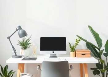 A minimalist home office with a clean desk, comfortable chair, and plants.