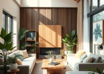 A modern living room featuring wooden walls and ceiling, large windows, and plants, showcasing sustainable materials in home decor.