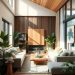 A modern living room featuring wooden walls and ceiling, large windows, and plants, showcasing sustainable materials in home decor.