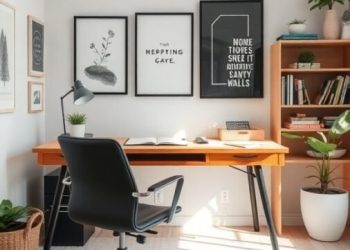 A stylish home office with a wooden desk, black chair, wall art, and a bookshelf.
