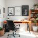 A stylish home office with a wooden desk, black chair, wall art, and a bookshelf.