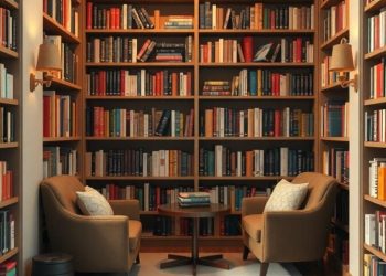 A cozy reading nook with bookshelves, two chairs, and a small table.