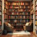 A cozy reading nook with bookshelves, two chairs, and a small table.