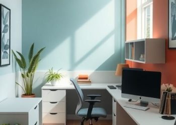 A small home office featuring a blue and coral color scheme with plants and modern furniture.