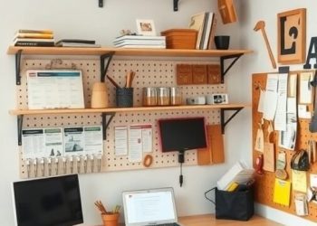 A well-organized home office with wall-mounted shelves and a pegboard for storage.