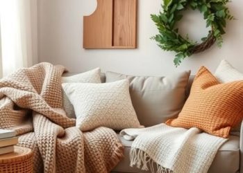A cozy living room with a sofa covered in warm textiles, including blankets and pillows in earthy tones, alongside a knitted pouf and a woven basket.