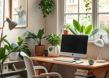 A cozy and inviting home office with a wooden desk, computer, and various indoor plants.