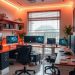 A modern tech-savvy home office with multiple monitors, LED lighting, and ergonomic chairs.
