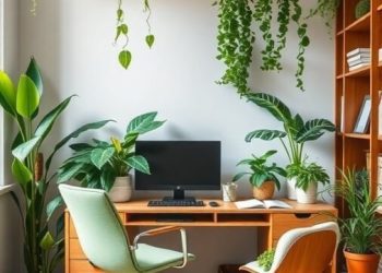 A cozy home office with a wooden desk, computer, and various green plants hanging and placed around the room.
