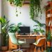 A cozy home office with a wooden desk, computer, and various green plants hanging and placed around the room.