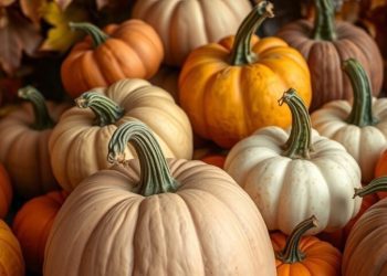 An assortment of pumpkins in various colors and sizes, surrounded by autumn leaves.