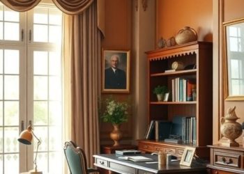A traditional home office featuring a wooden desk, green chair, bookshelves, and warm-toned walls.
