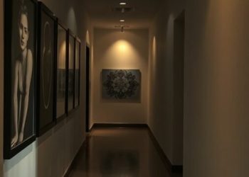 A dimly lit hallway with artwork on the walls, showcasing shadows and reflections.