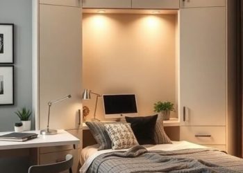 A modern home office with a Murphy bed design, featuring a desk, chair, and cozy bedding.