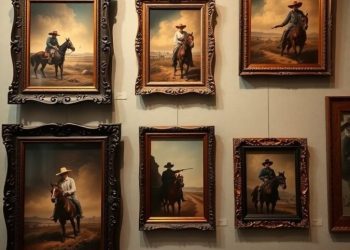 A collection of vintage western paintings featuring cowboys on horseback, displayed in ornate frames.