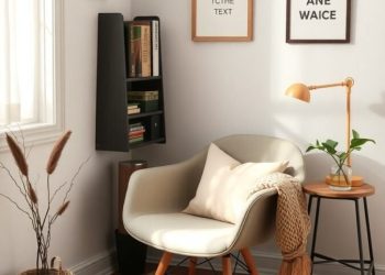 A cozy home office nook with a comfortable chair, soft textiles, and decorative elements.