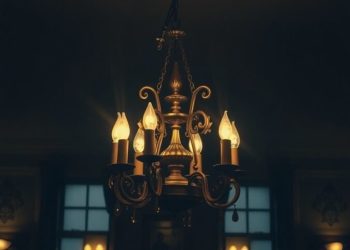 A vintage chandelier with candle-like bulbs, casting a warm glow in a dimly lit room.