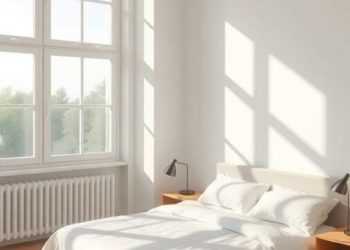 A bright, minimalist bedroom with a bed, bedside tables, and large windows.