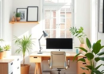 A minimalist Scandinavian home office with a desk, chair, plants, and natural light.