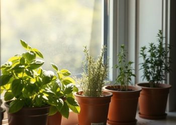 A sunny kitchen windowsill with pots of various herbs like basil, rosemary, and thyme.